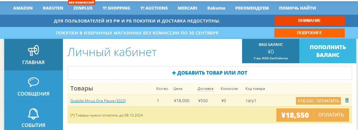 Screenshot of ZenMarket account