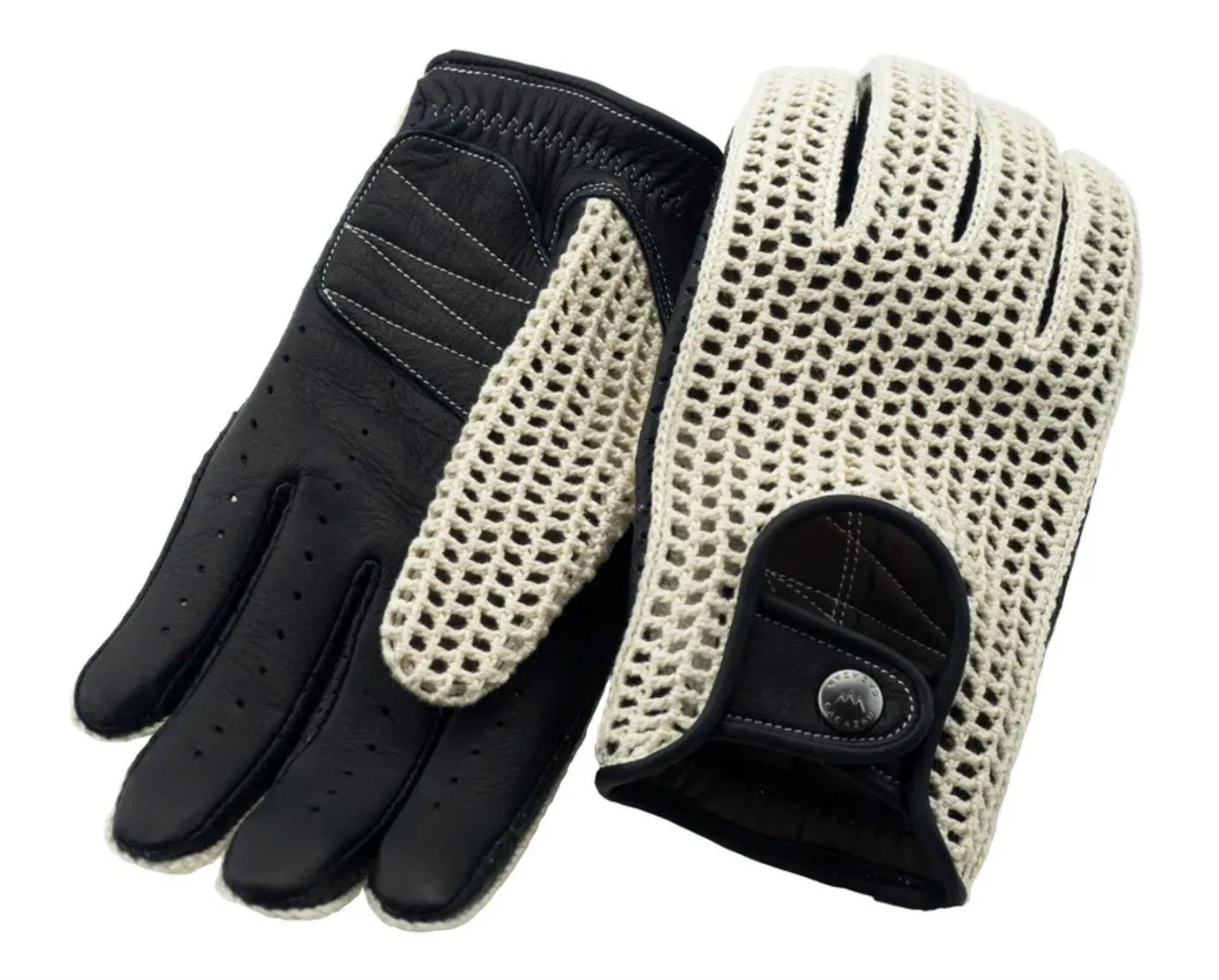 Minimalist driving gloves with navy deerskin palms and ivory poly-cotton knitted backs