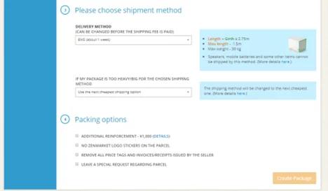 Scelta di un metodo di spedizione su ZenMarket