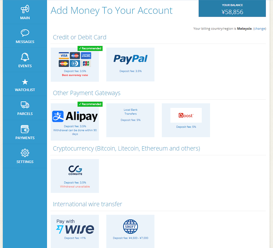 Zenmarket UK Payment methods