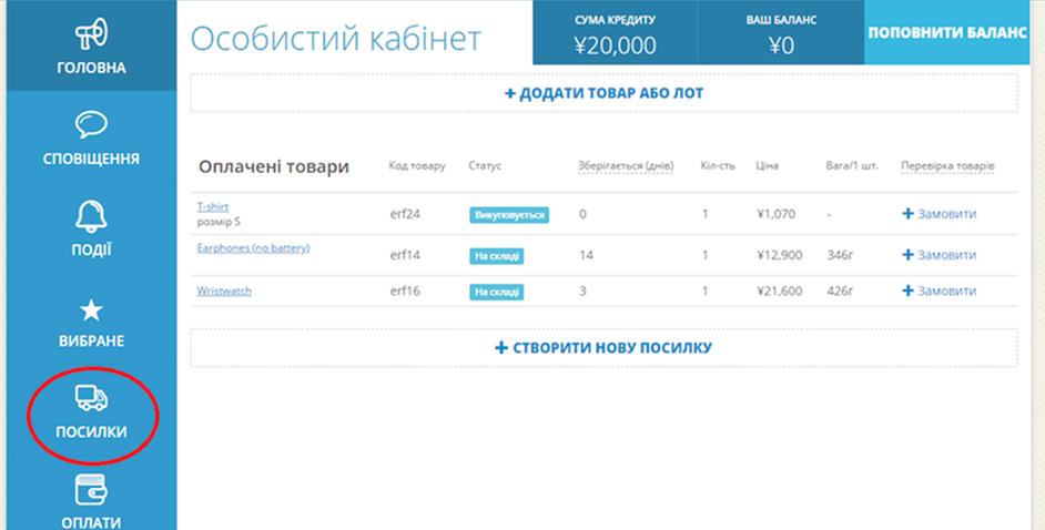 ZenMarket - вкладка посилки
