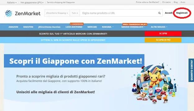 Homepage di ZenMarket con highlight bottone di registrazione