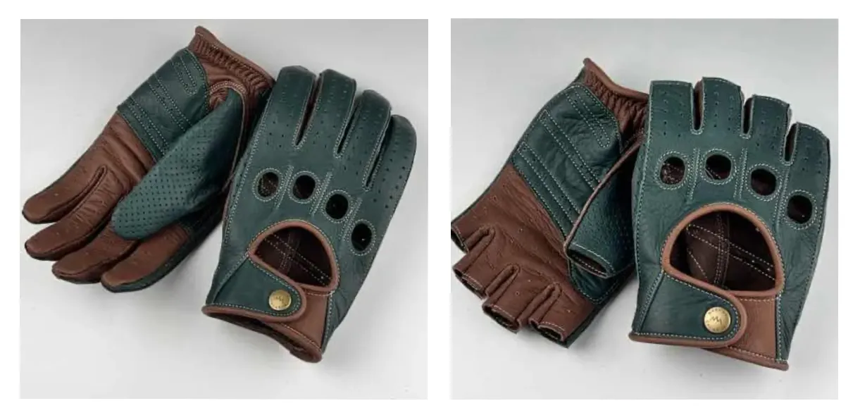 Full-finger vs half-finger driving glove designs in New Zealand deerskin, green and brown
