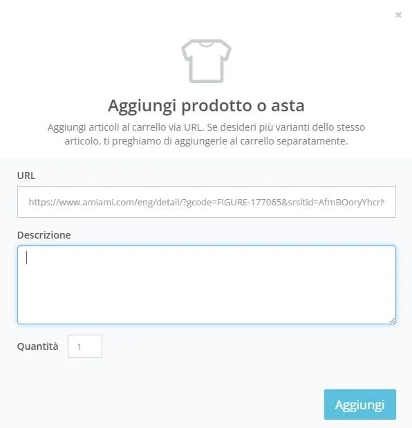 Finestra di aggiunta prodotto