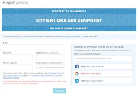 Homepage di ZenMarket con highlight bottone di registrazione