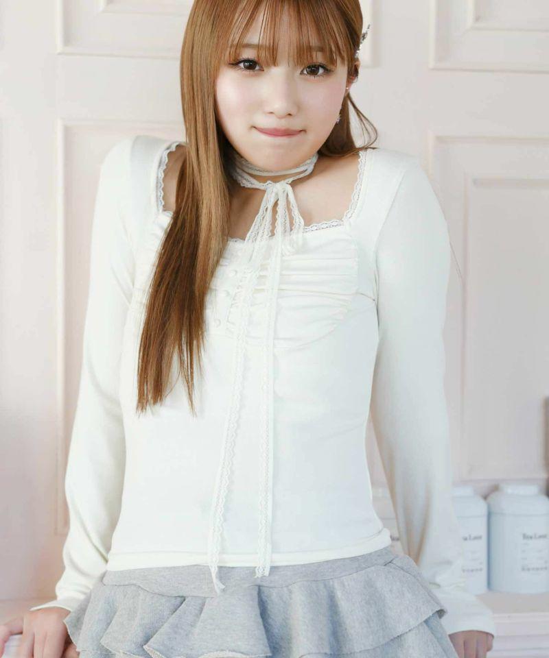 Long Sleeve Cutsew with Lace Tie & Thin Scarf