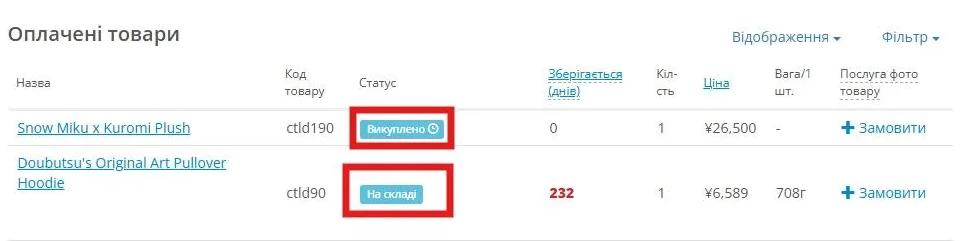 статус "викуплено" та "на складі"