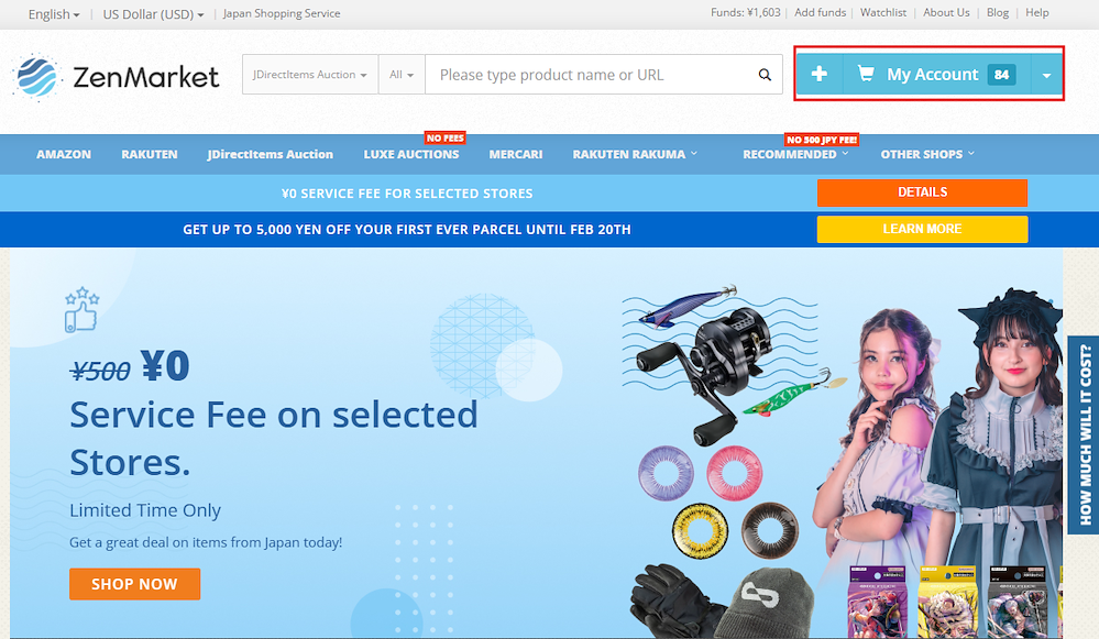 Zenmarket homepage (my account)